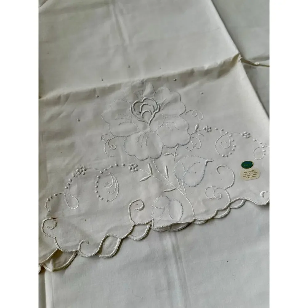 Vintage Pakell Cotton Hand Embroidered Pillowcases Madeira Portugal 22” x 36”